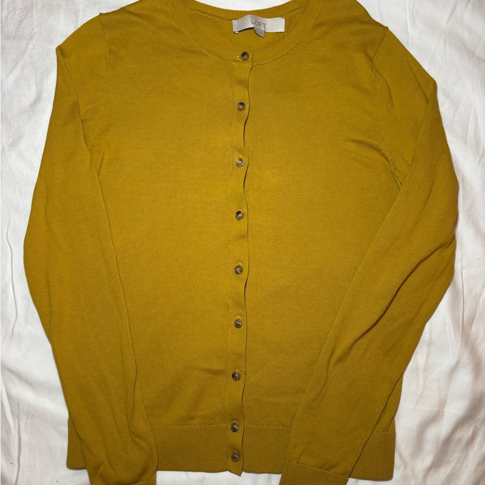 Womens Mustard Yellow Round Neck Cardigan, Button Up Lightweight Sm Preppy, Y2K